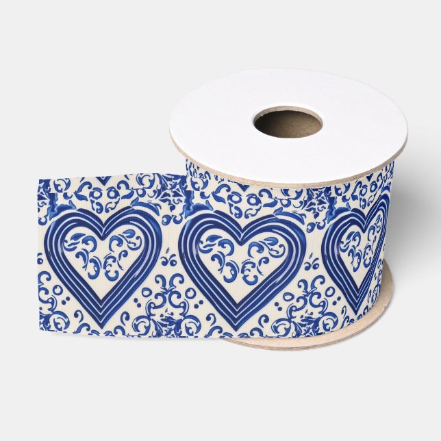 Delft China Style Blue Hearts - Vintag gestrichen Ripsband (Spule)