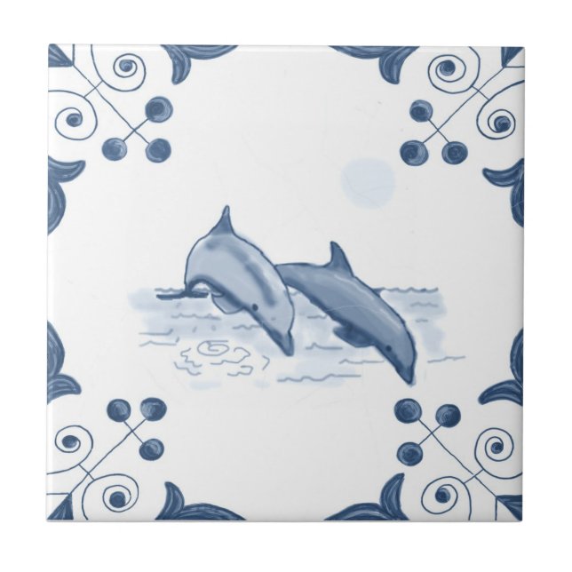 Delft-Delphin-Fliese mit Rolle-Ecken Fliese (Vorderseite)