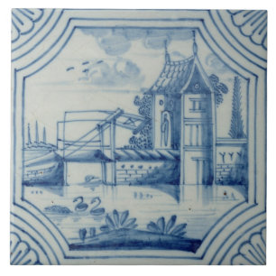 Delft-Fliese, die einen Drawbridge über einem Fliese