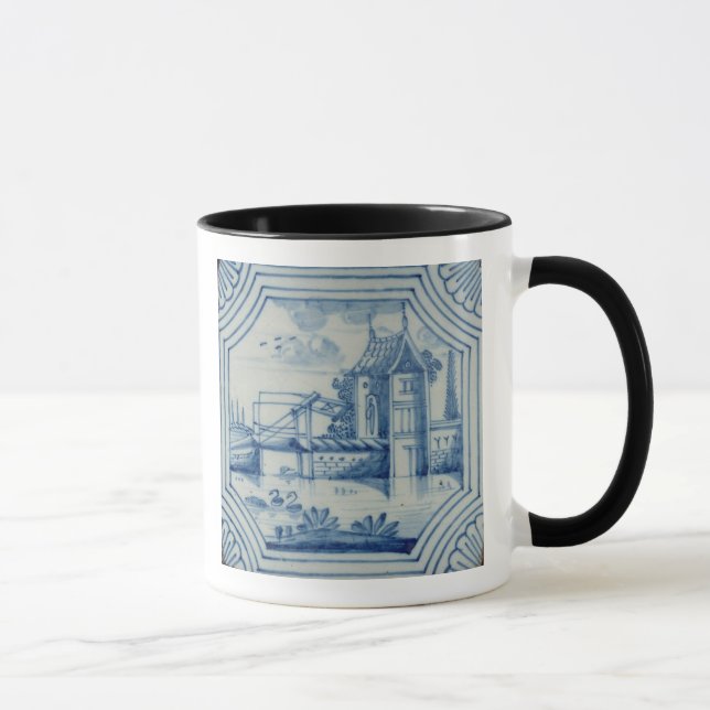 Delft-Fliese, die einen Drawbridge über einem Tasse (Rechts)