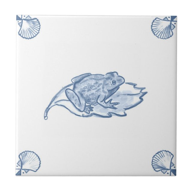 Delft-Frosch-Fliese mit Muschel-Ecken Fliese (Vorderseite)