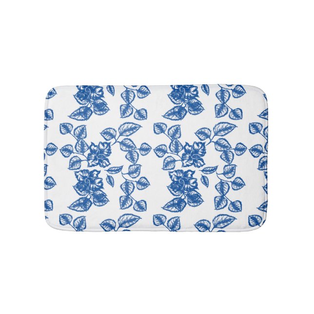 Delft-LIke Blue Floral Print Badematte (Vorderseite)
