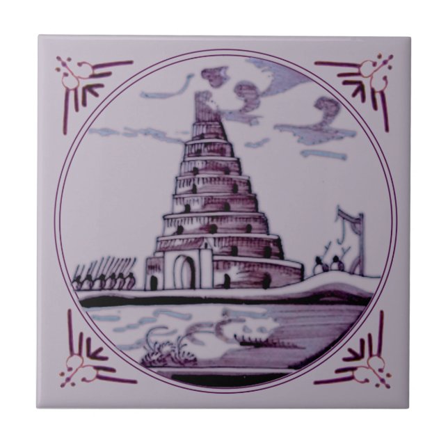 Delft Manganese Turm von Babel 18. Jahrhundert Rep Fliese (Vorderseite)