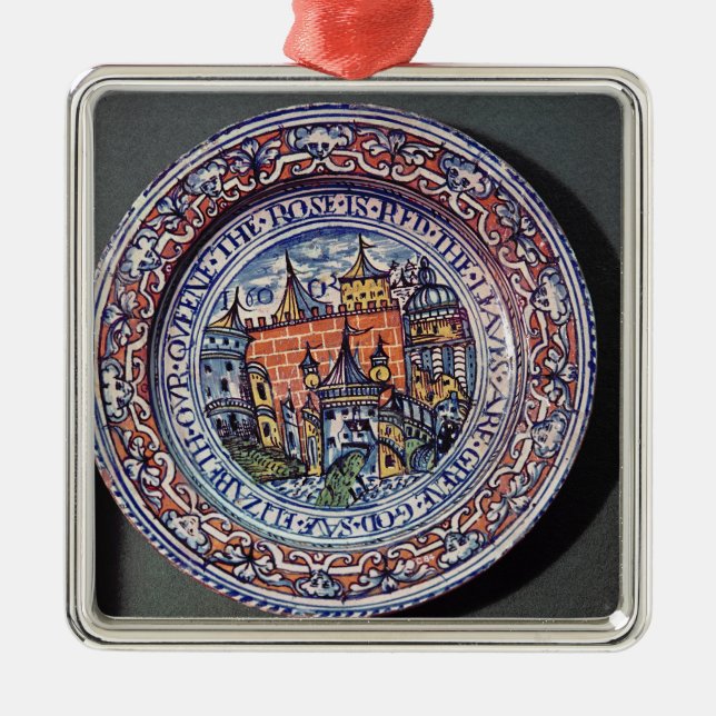 Delft-Platte mit Ansichten des Tower von London Silbernes Ornament (Vorne)