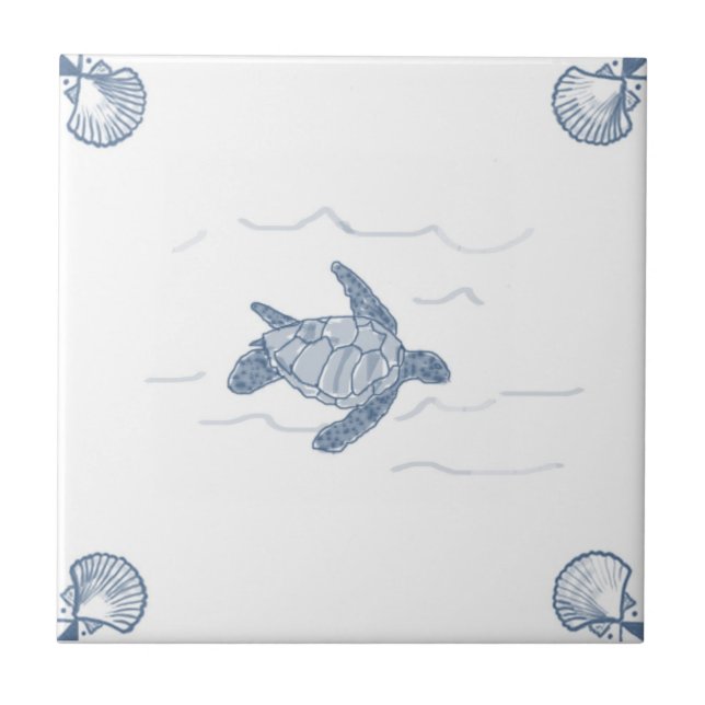 Delft-Seeschildkröte-Fliese mit Muschel-Ecken Fliese (Vorderseite)