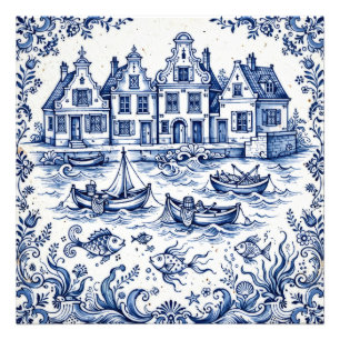 Delft Stadt & Fischereihafen Kobaltblau Weiß  Fotodruck