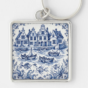 Delft Stadt & Fischereihafen Kobaltblau Weiß Schlüsselanhänger
