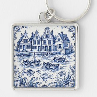 Delft Stadt & Fischereihafen Kobaltblau Weiß Schlüsselanhänger