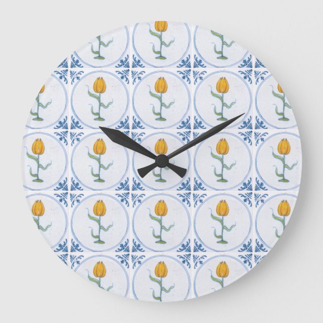 Delft Tulip Tile Art No Numbers Clock Große Wanduhr (Vorderseite)