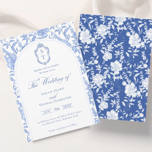 Delfter Blaues Florales Chinoiserie-Monogramm-Hoch Einladung