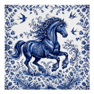 Delfter Delftware-Stil Friesenhengst auf der Wiese Poster