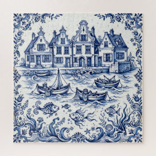 Delfter Stadt & Fischereihafen Kobaltblau Weiß