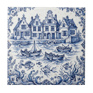 Delfter Stadt & Fischereihafen Kobaltblau Weiß Fliese