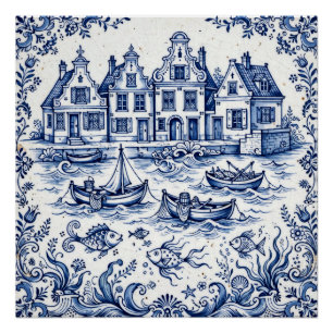 Delfter Stadt & Fischereihafen Kobaltblau Weiß  Poster