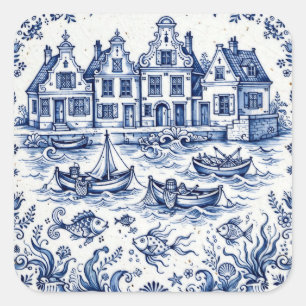 Delfter Stadt & Fischereihafen Kobaltblau Weiß Quadratischer Aufkleber