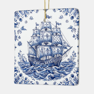 Delfter Stil Blau-Weißes Handelsschiff Keramikornament