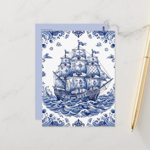 Delfter Stil Blau-Weißes Handelsschiff Postkarte