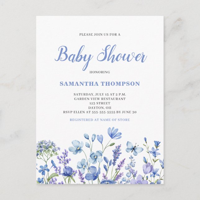 Délicat Blue Floral Baby shower Invitation (Devant)