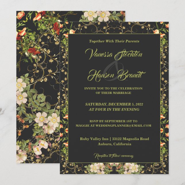 Délicat Faire-part de mariage floral et or (Devant / Derrière)