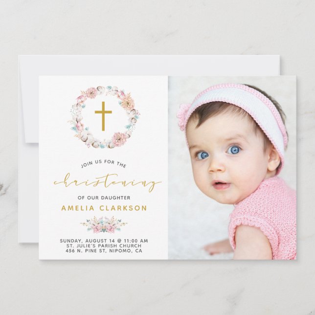 Délicat Floral & Coton Christening Invitation (Devant)