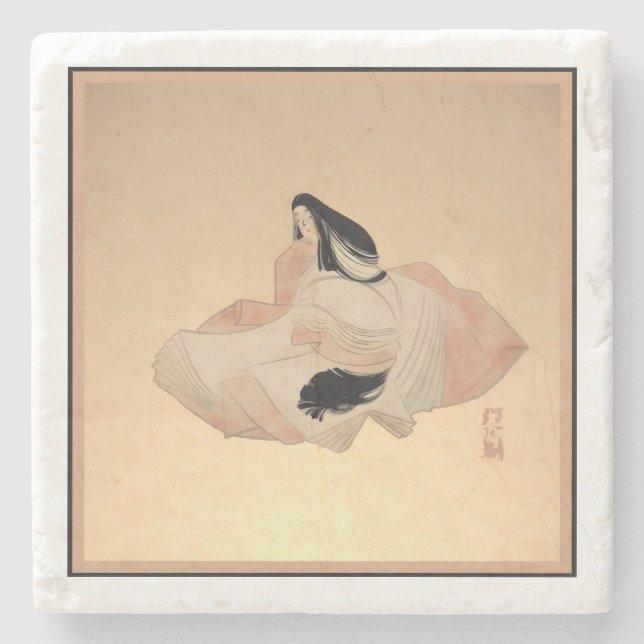 Delicate Ancient Japanese Print on Marble Coaster Steinuntersetzer (Vorderseite)