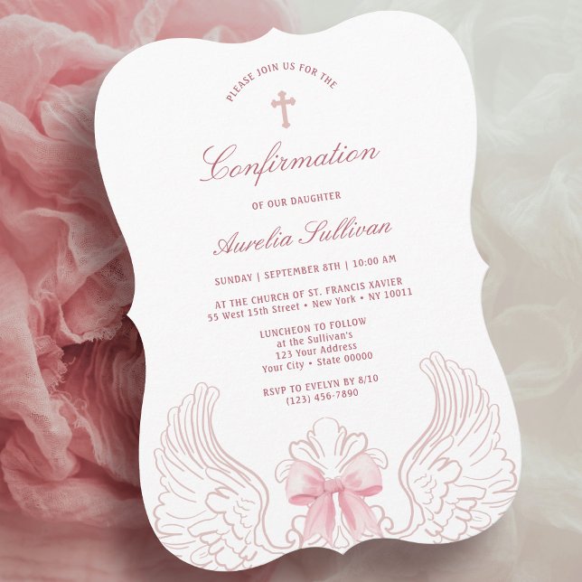 Delicate Angel Wings Pink Bow Confirmation Einladung (Von Creator hochgeladen)