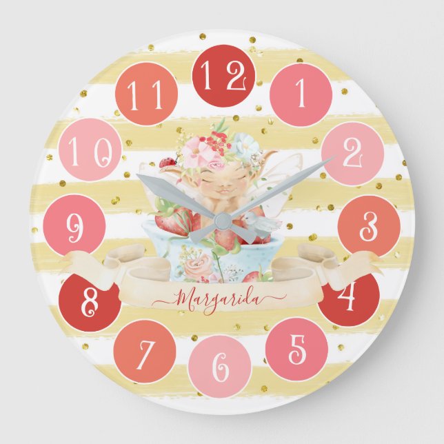 Delicate Baby Fairy and Strawberry Large Clock Große Wanduhr (Vorderseite)