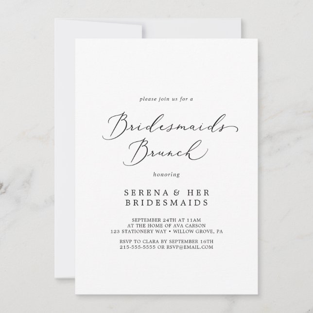 Delicate Black Calligraphy Bridesmaids Brunch Einladung (Vorderseite)