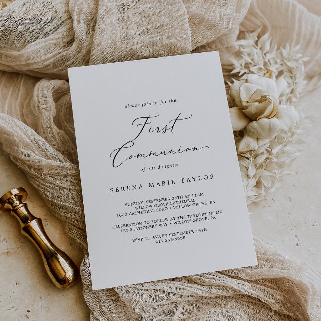 Delicate Black Calligraphy First Communion Einladung (Von Creator hochgeladen)