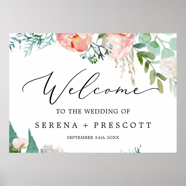 Delicate Black | Romantic Peony Wedding Welcome Poster (Vorne)