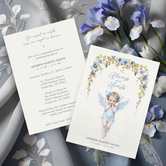 Delicate Blue Angel Condolence Remembrance Babies Einladung (Delicate Blue Angel Condolence Remembrance for Baby's Funeral Invitations Cards. )