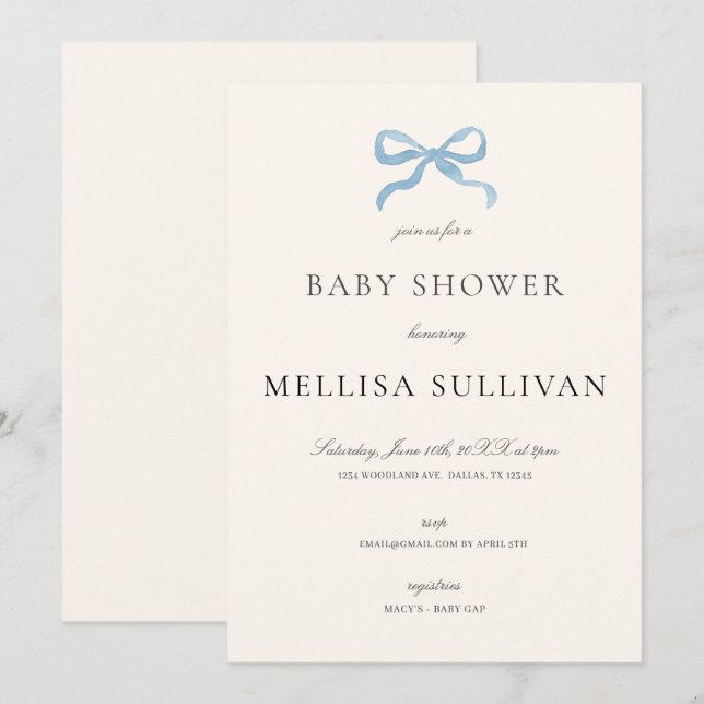 Delicate Blue Bow Baby Dusche Einladung (Vorne/Hinten)