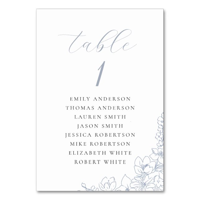 Delicate Blue Floral Wedding Seating Chart Tischnummer (Vorderseite)