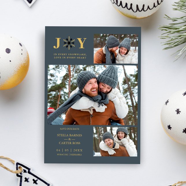 Delicate Blue & Gold SnowFlake 3 Photos Collage Save The Date (Delicate Blue & Gold Snowflake 3 Photos Holiday Card with Envelope as a Wedding Save the Date.)