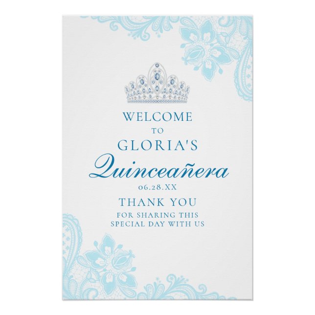 Delicate Blue Lace Quinceanera Begrüßungszeichen Poster (Vorderseite)