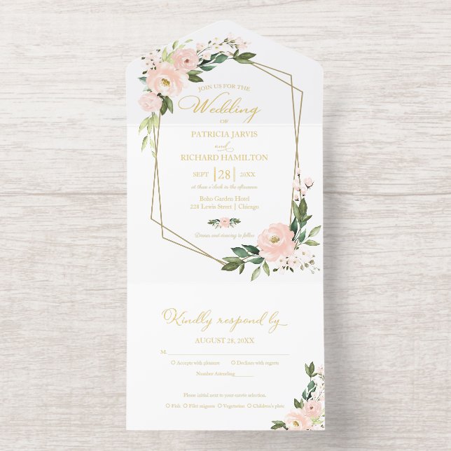 Delicate Blush  Floral Geometric Wedding  All-in-One-Einladung (Innenseite)