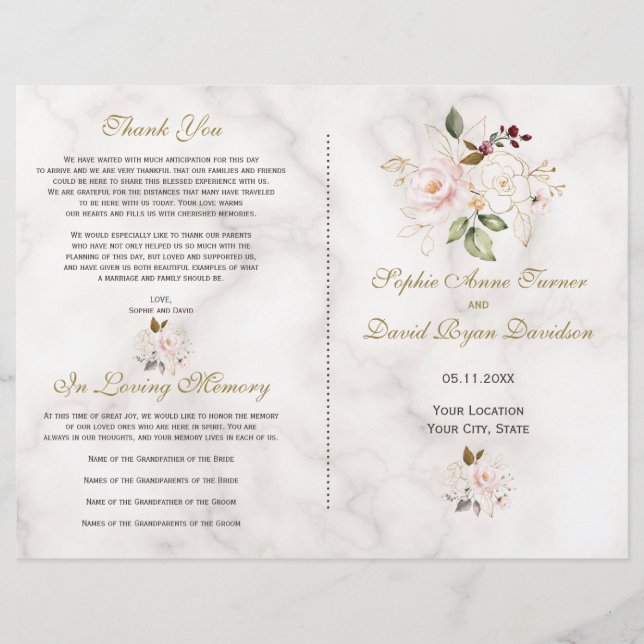 Delicate Blush Gold Flowers Programme de mariage e (Devant)