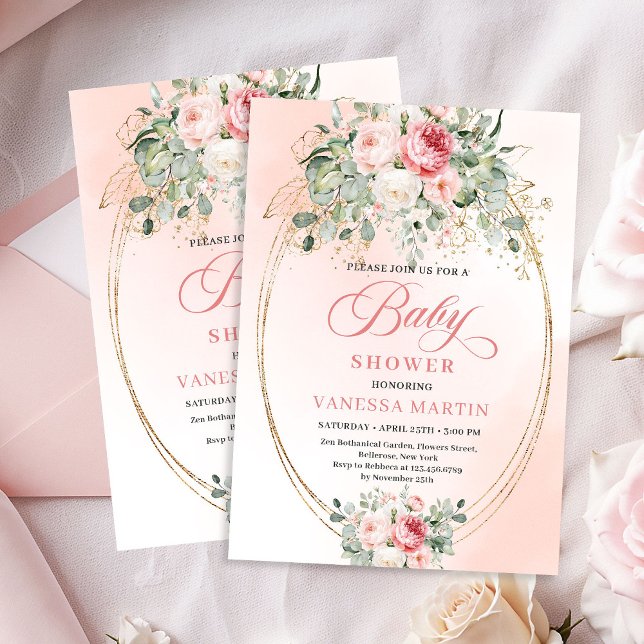 Delicate Blush Roses Gold Girl Baby Shower Invites Einladung (Delicate Blush Roses Gold Girl Baby Shower Invitation)