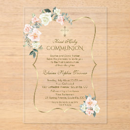 Delicate Blush White Flowers First Holy Communion Acryleinladungen