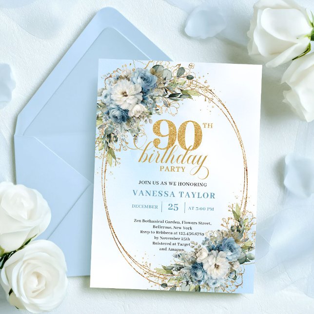 Delicate Boho Dusty Blue Floral Gold 90th Birthday Einladung (Delicate Boho Dusty Blue Floral 90th Birthday)