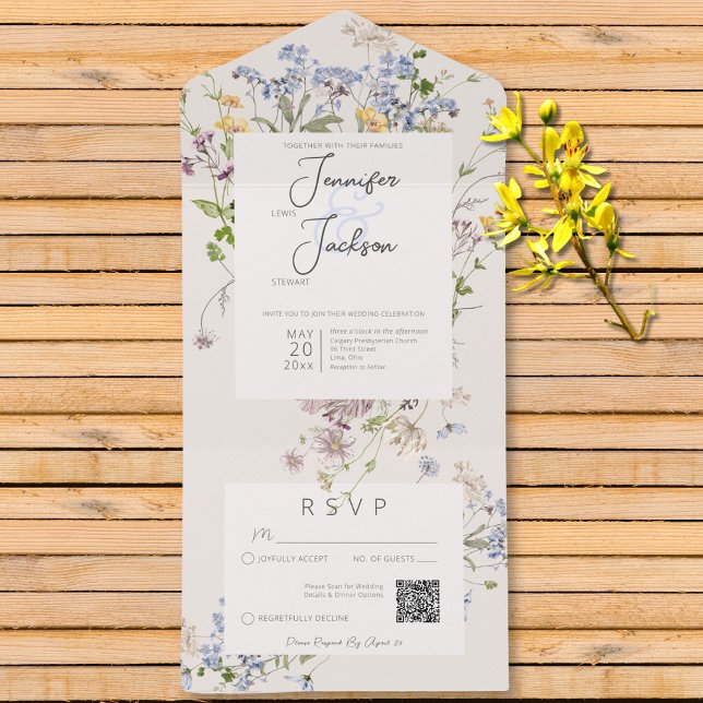Delicate Boho Wildblumen Creme QR Code All In One Einladung (Delicate Boho Wildflowers Cream QR Code All In One Invitation)