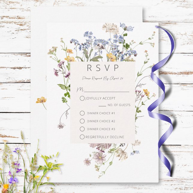Delicate Boho Wildblumen Weißes Drei-Dinner RSVP Karte (Delicate Boho Wildflowers White Three Dinner RSVP Card)