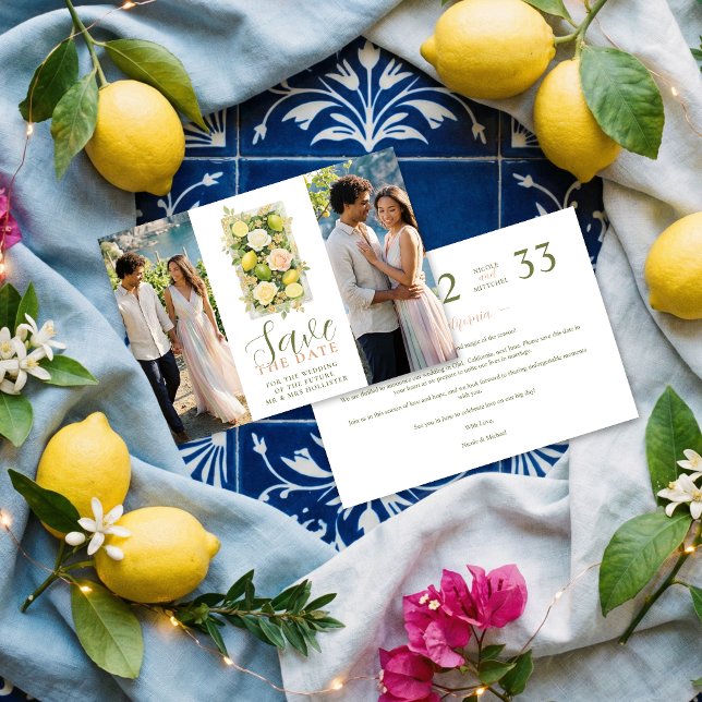 Delicate Botanical Lemon Floral 2-Photo Wedding Save The Date (Delicate Botanical Floral and Lemon Arrangement Wedding Save the Date Card Design with 2-Photo.)