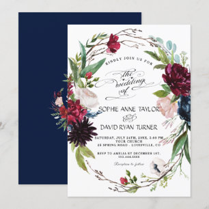 Delicate Burgundy Blue Floral Wreath Wedding Einladung