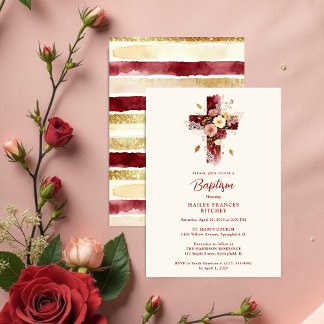 Delicate Burgundy Floral Christian Cross Baptism Einladung