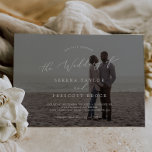 Delicate Calligraphy Horizontal Dark Photo Wedding Einladung<br><div class="desc">This delicate calligraphy horizontal dark photo wedding invitation is perfect for a modern wedding. The romantic minimalist design features lovely and elegant typography with a sophisticated look. Personalize with 2 engagement photos,  one on the front and one on the back.</div>