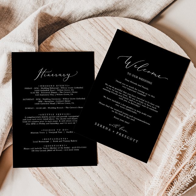 Delicate Dark Black Wedding Welcome Itinerary (Von Creator hochgeladen)