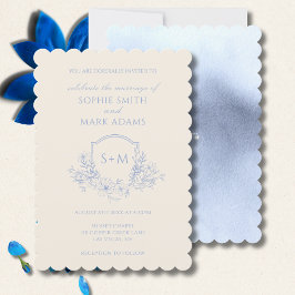 Delicate Dusty Blue Floral Monogram Crest Wedding Einladung
