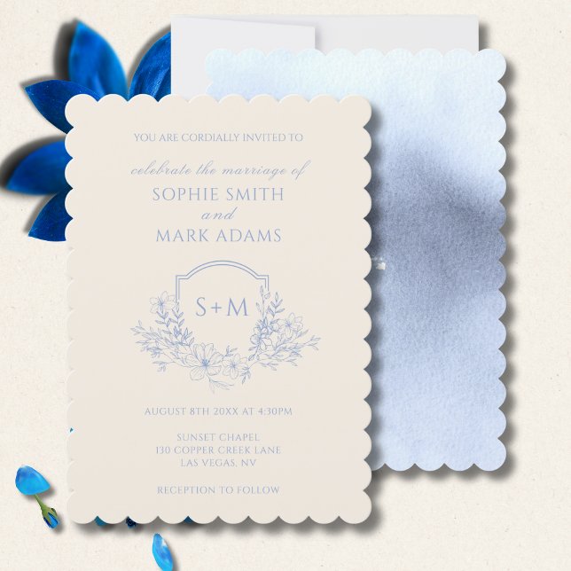 Delicate Dusty Blue Floral Monogram Crest Wedding Einladung (Von Creator hochgeladen)