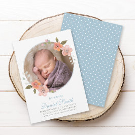 Delicate Floral Blue Baby Announcement Foto Ankündigung